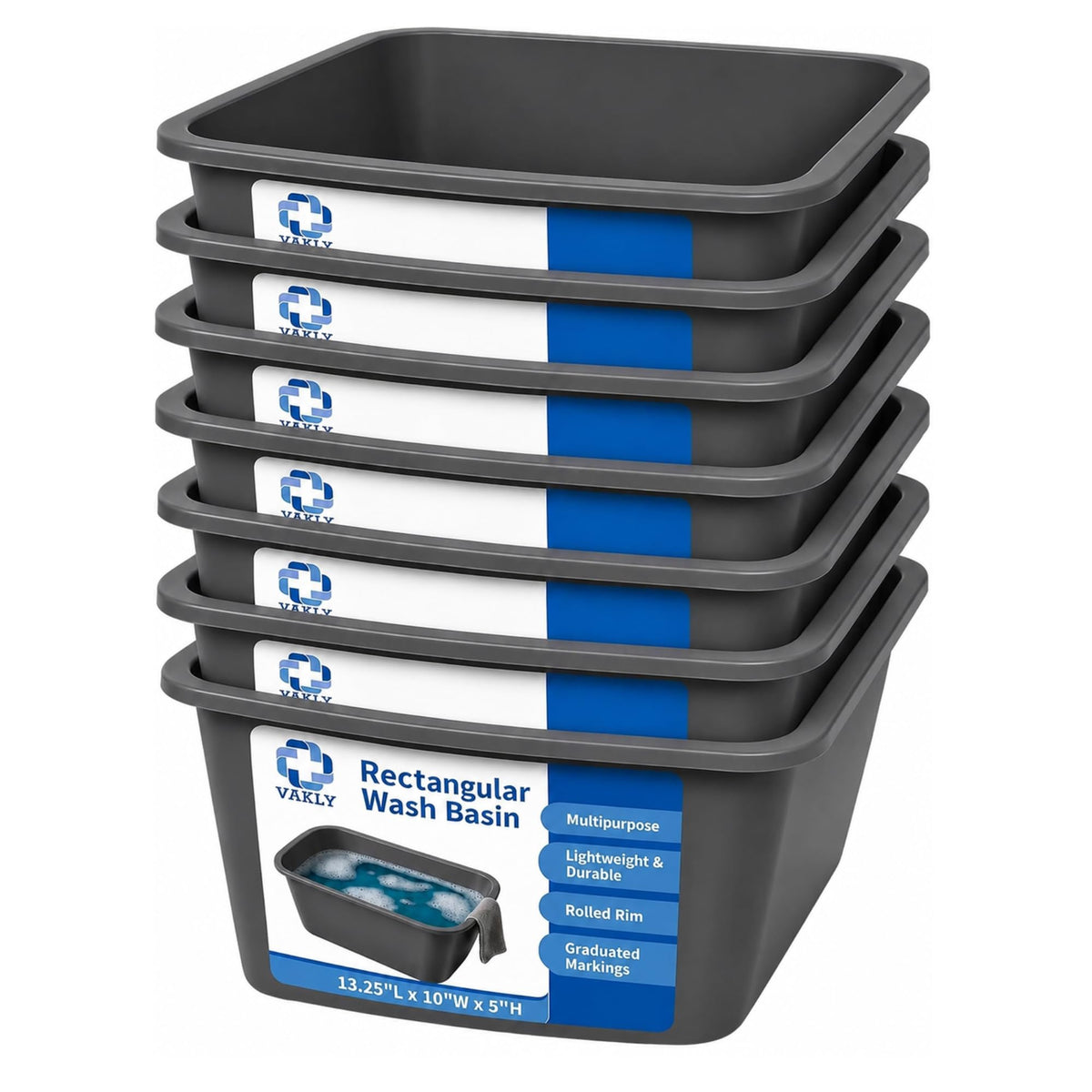 Vakly Plastic Wash Basin, 7 Qt, Rectangular, Graduated, 20 Pack