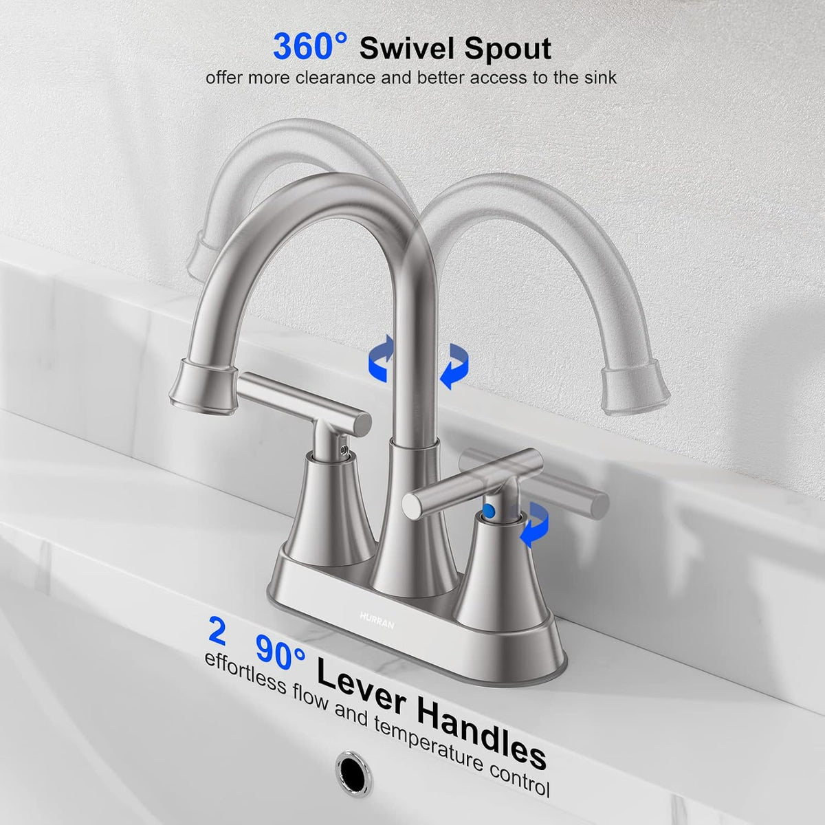 Bathroom Faucet, Hurran 4 inch Centerset 2-Handle Lead-Free, Brushed Nickel