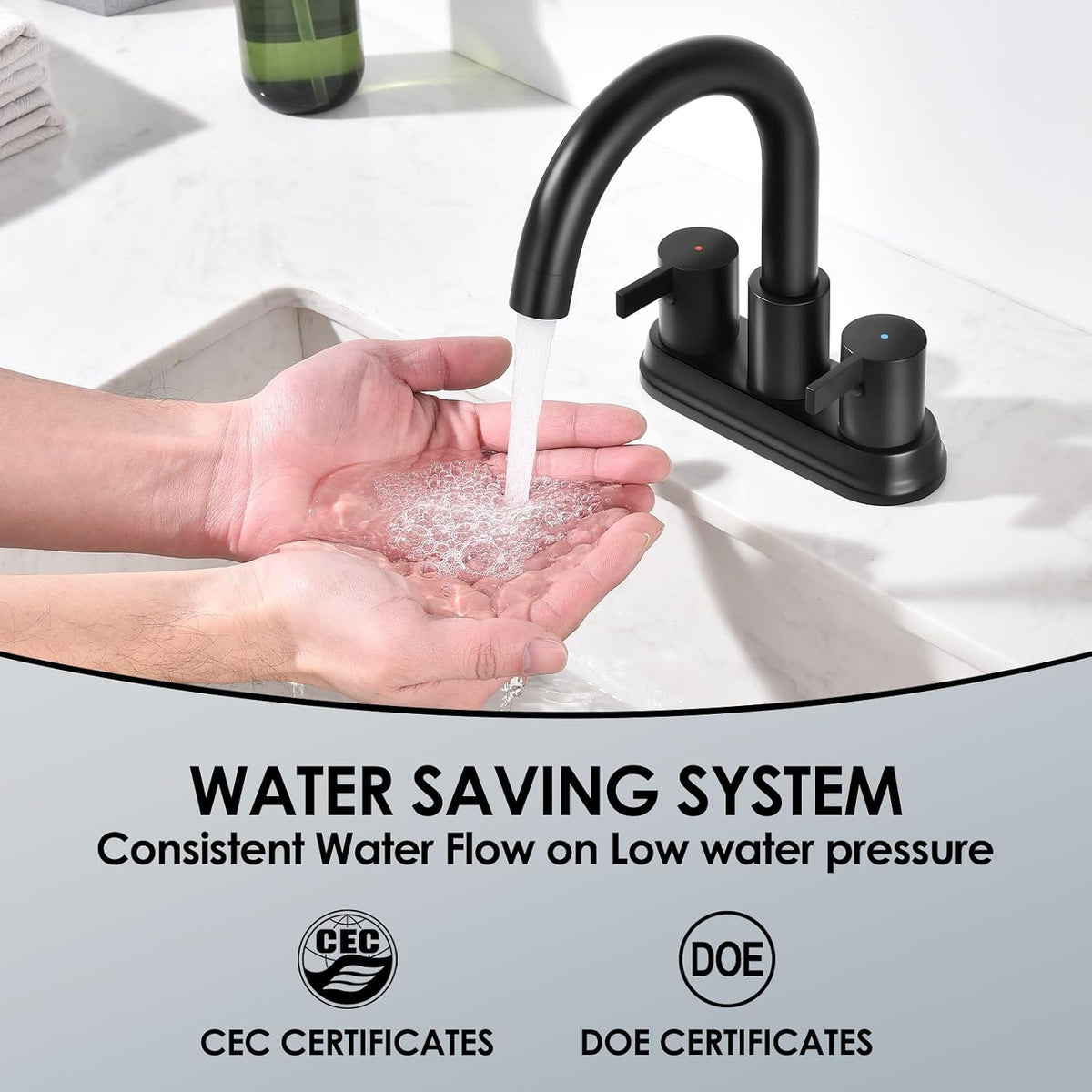 Two Handle 4 inch Black Bathroom Faucet, Bathroom Sink Faucet for 3 Holes with Pop-up Drain and 2 Supply Hoses, Lead-Free