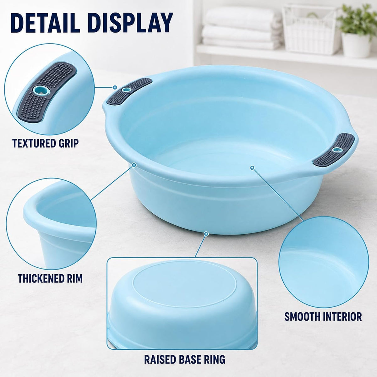 Round Wash Basin, Face Tub Plastic Large Capacity Washbasin Stackable Camping Dishpan for Home Kitchen Outdoor Indoor (12.8 * 3.9 * 9.1in)