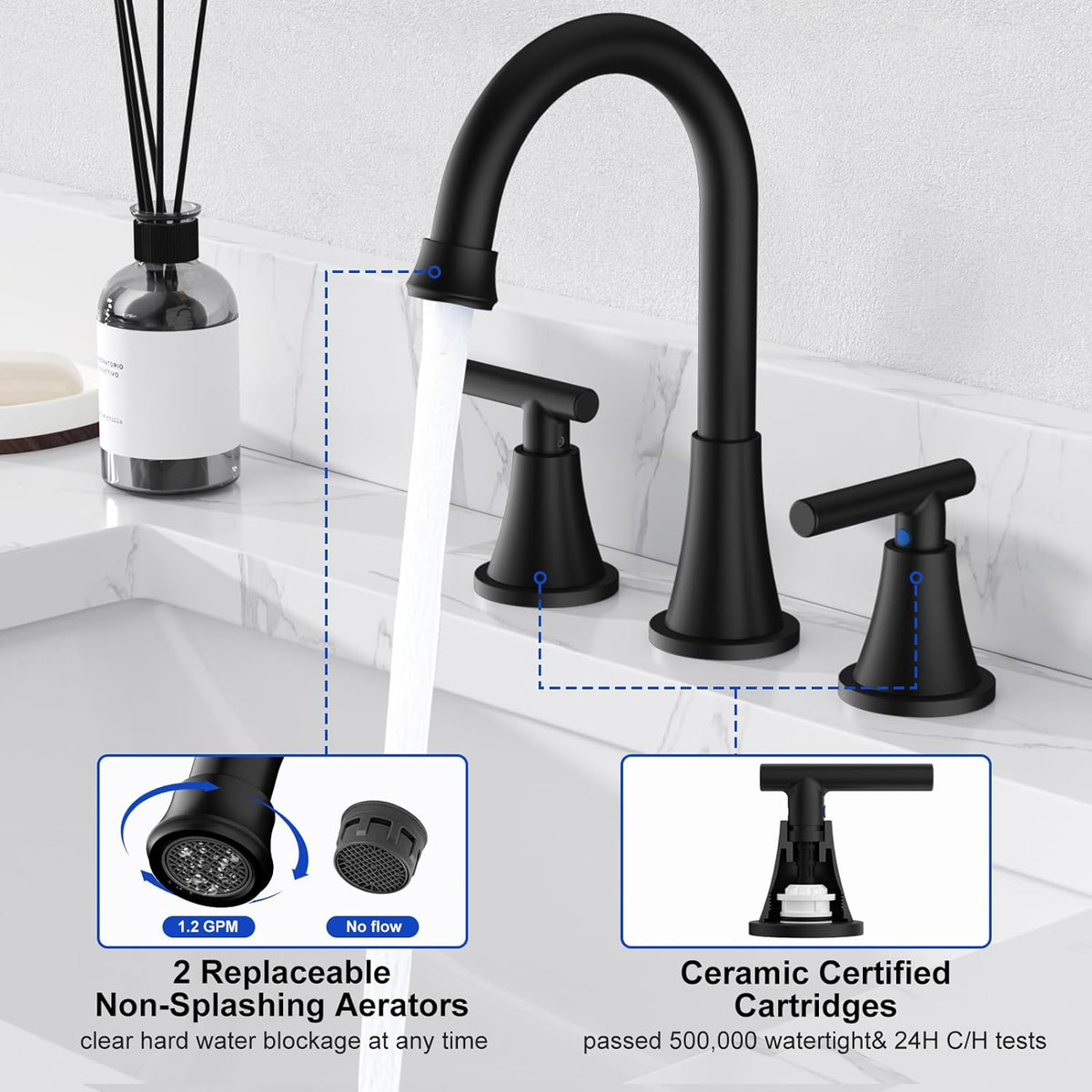 Bathroom Faucet 3 Hole, Matte Black Faucets with Drain and Supply Lines