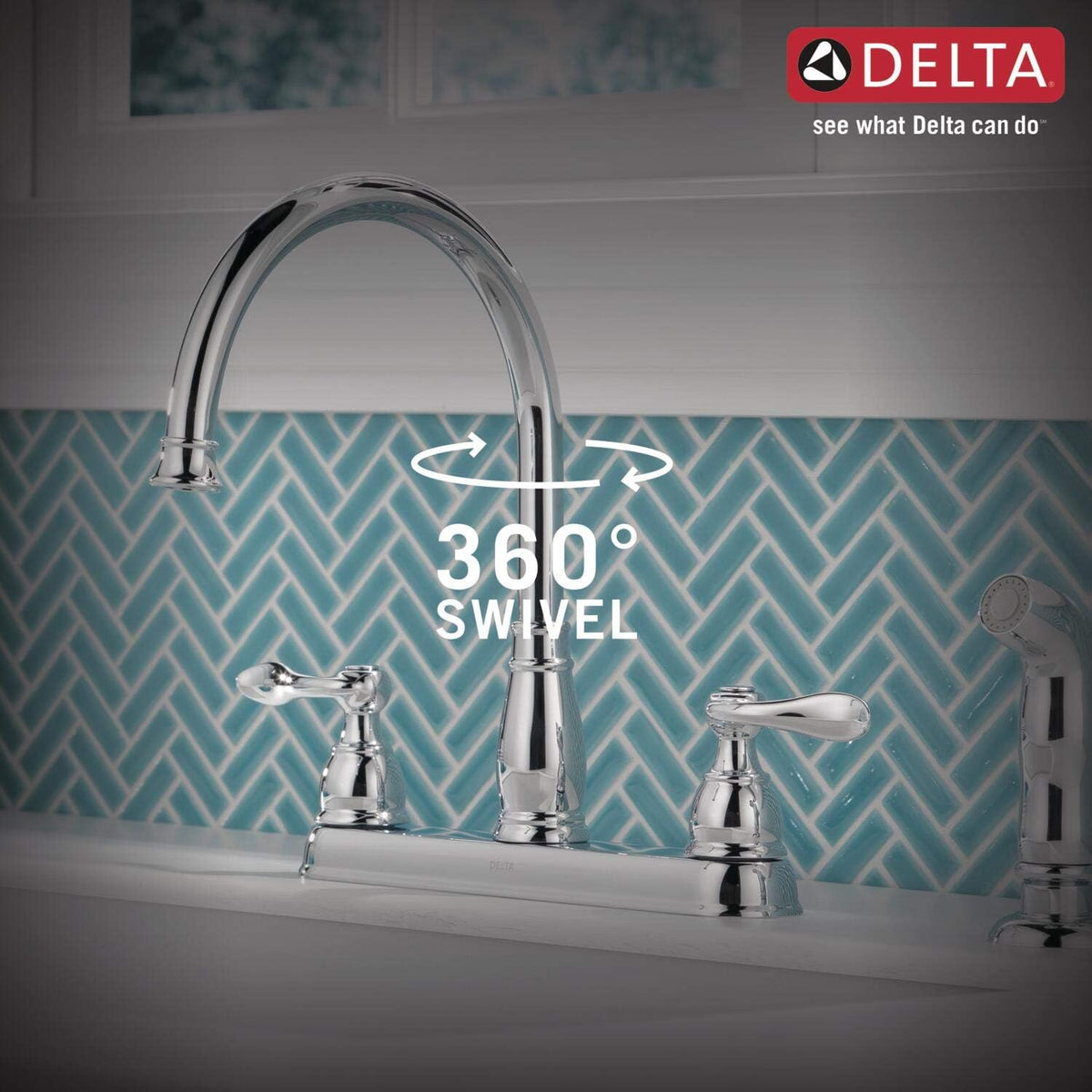 Delta Windemere Chrome Kitchen Faucet with Side Sprayer, Traditional 4 Hole Kitchen Sink Faucet, Two-Handle, Chrome 21996LF