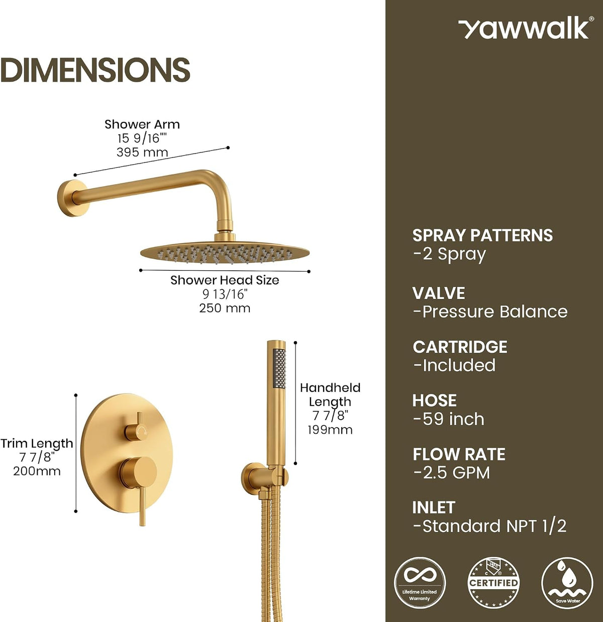 Shower Faucet Set with 10'' Rainfall Head, Handheld and Valve, Brushed Gold