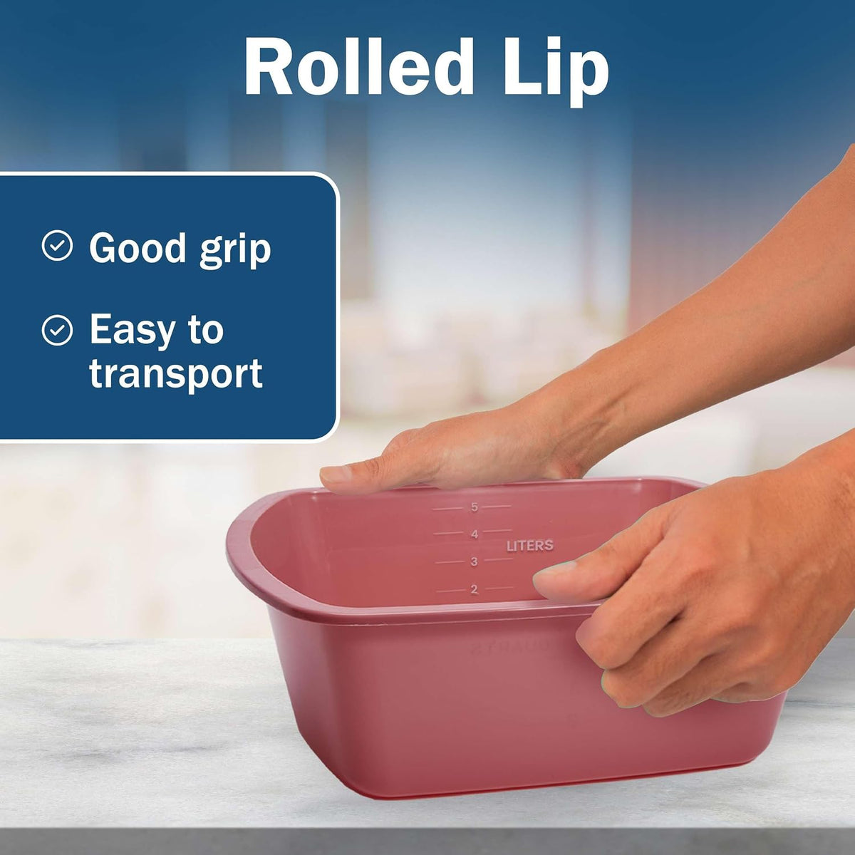 Plastic Wash Basin 5 Pack - 5 Liter Rectangle Plastic Tub with Rolled Rim - Good for Washing Limbs and Carrying Liquid - Good for Hospitals, Nursing Homes, and Medical Facilities