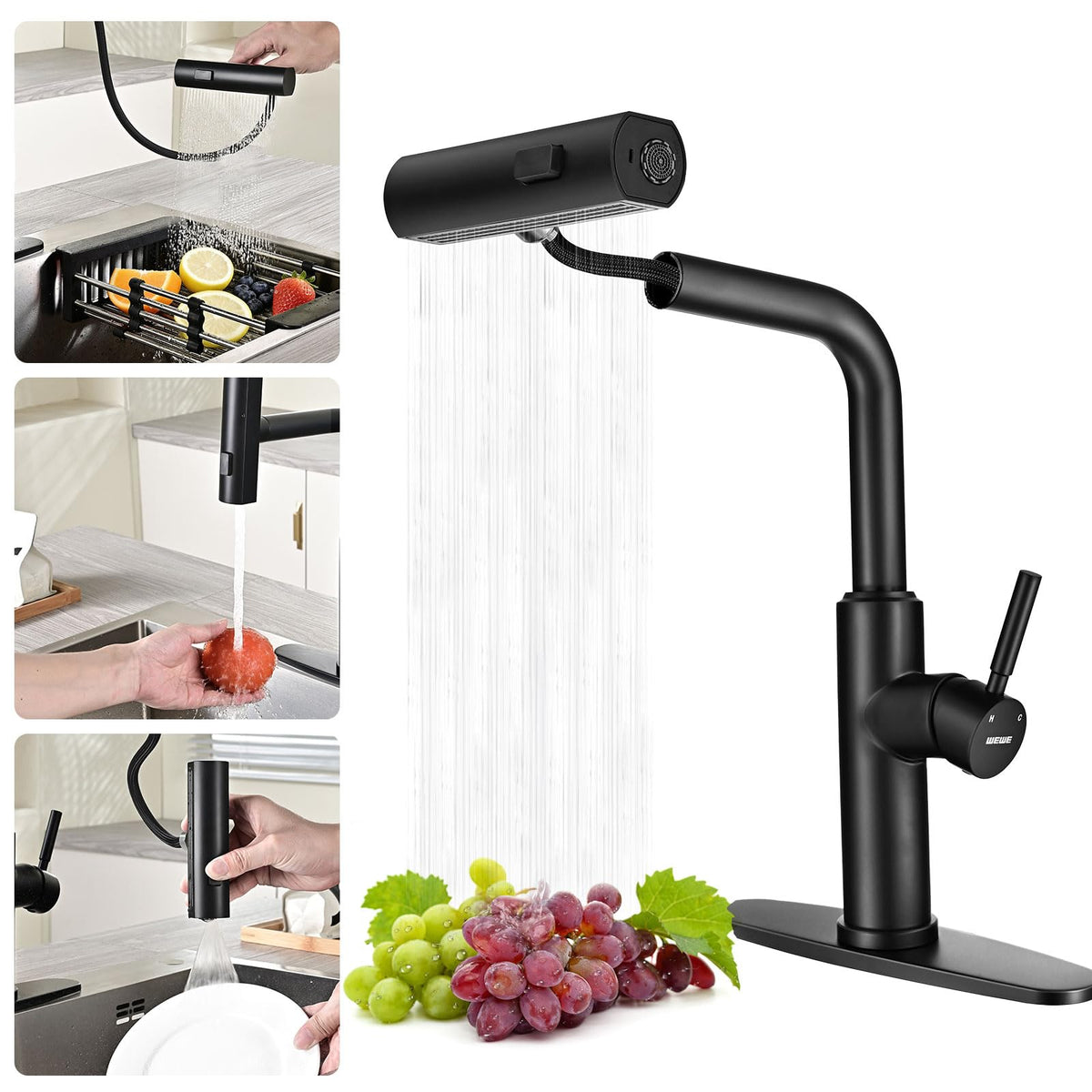 WEWE High-Arc Pull-Down Kitchen Faucet, Brushed Nickel, 3-Mode Sprayer