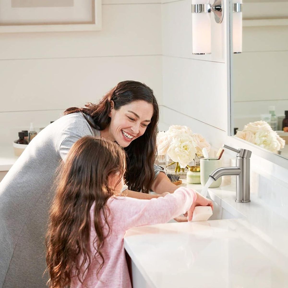 Bathroom Faucet Brushed Nickel Modern Single Hole Bathroom Sink Faucet with Single Handle Suitable for 1 or 3 Holes,Supply Deck Plate and Hose