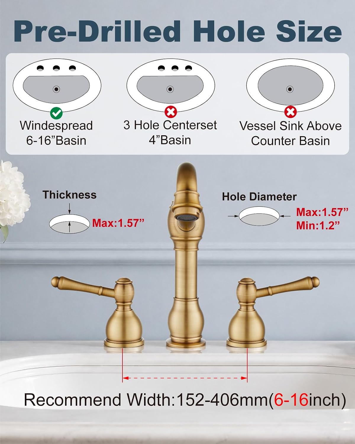 Aolemi Widespread Bathroom Sink Faucet 3 Hole Metal Lever Antique Brass
