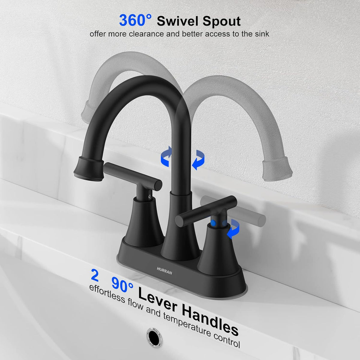 Matte Black Bathroom Faucet, Hurran 4 inch Centerset 2-Handle Lead-Free