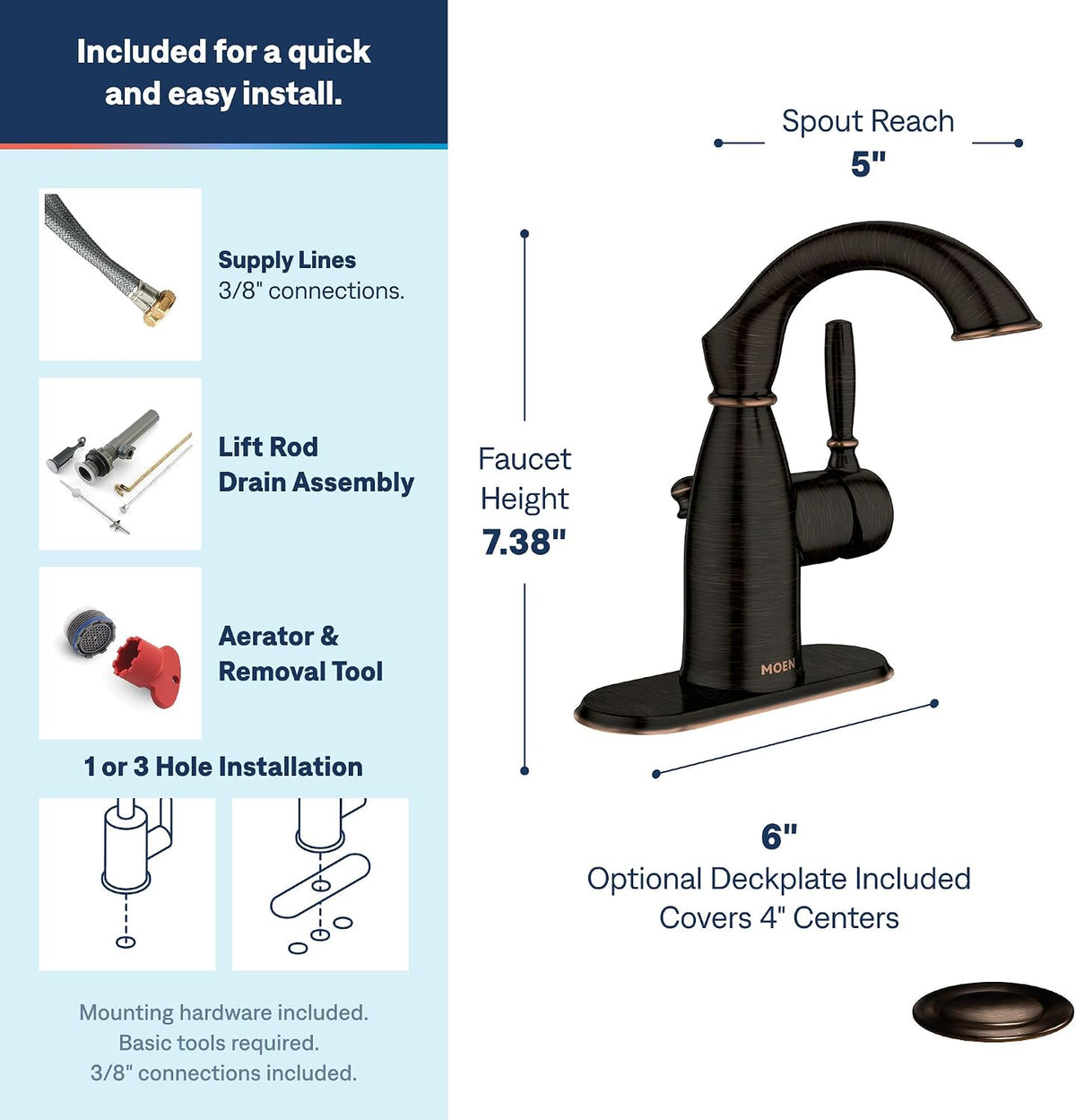 Moen Sarona Mediterranean Bronze One-Handle Single Hole Rustic Farmhouse Bathroom Sink Faucet with Optional Deckplate, 84144BRB