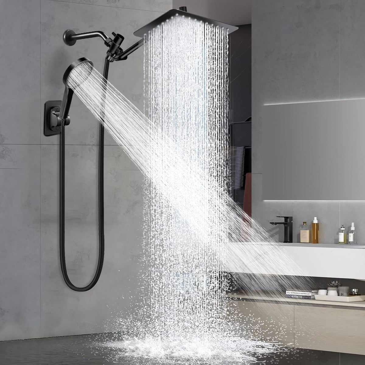 Shower Head, 8 inch Multifunction High Pressure Rain Shower Head with Handheld Spray Combo with 11'' Angle Adjustable Extension Arm/Flow Regulator/Shower System Matte Black