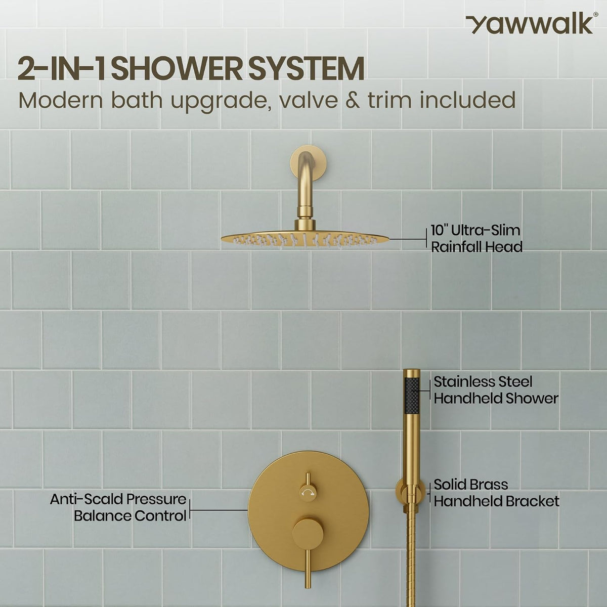 Shower Faucet Set with 10'' Rainfall Head, Handheld and Valve, Brushed Gold