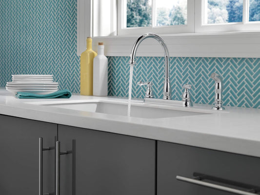 Delta Windemere Chrome Kitchen Faucet with Side Sprayer, Traditional 4 Hole Kitchen Sink Faucet, Two-Handle, Chrome 21996LF