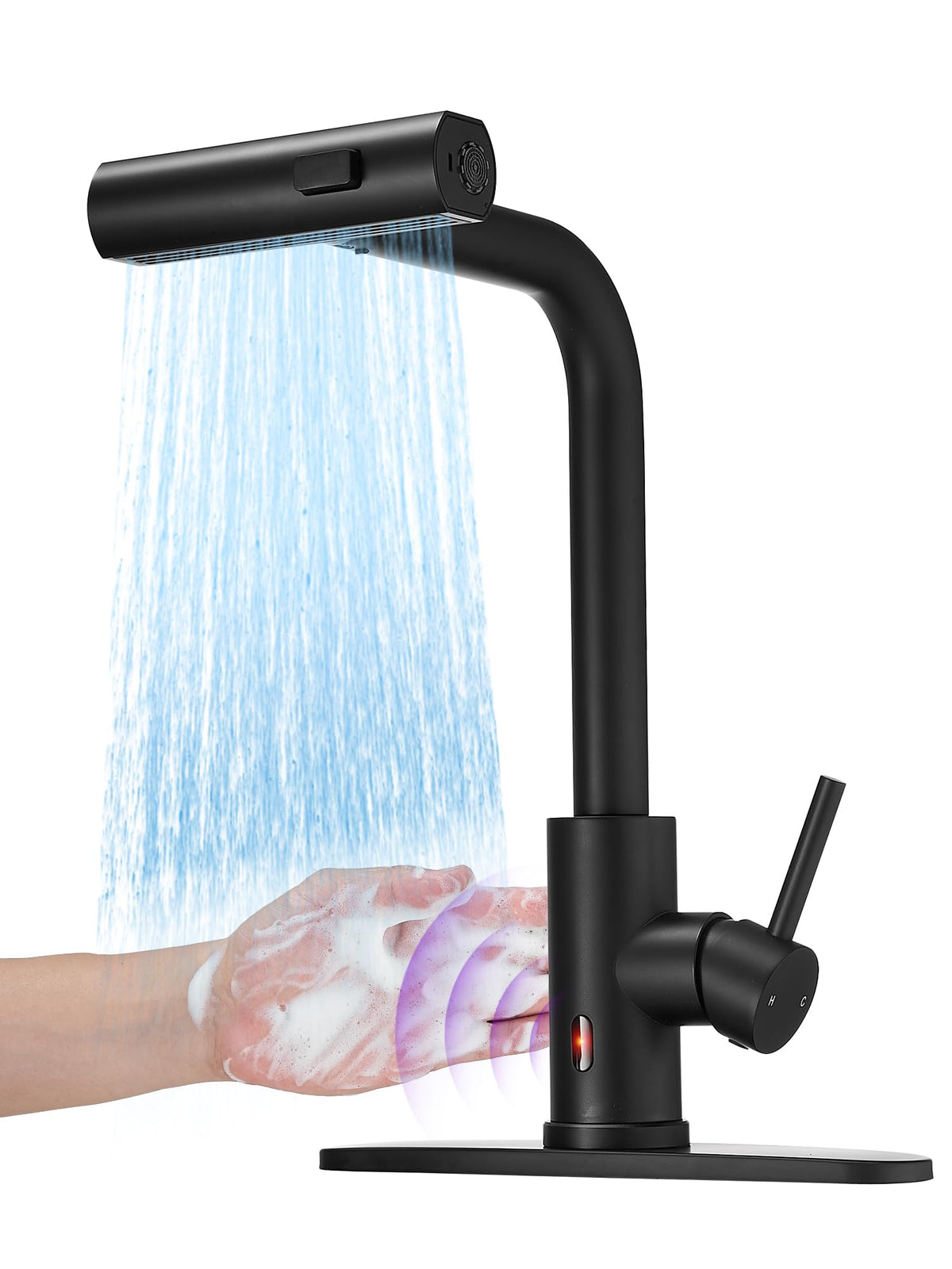 JOOM Black Waterfall Kitchen Faucet with Pull Down Sprayer & Soap Dispenser