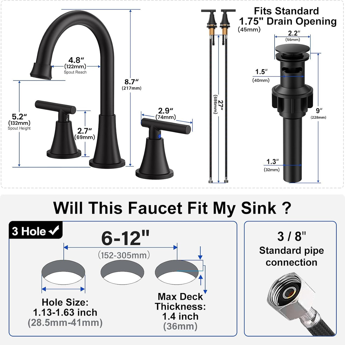 Bathroom Faucet 3 Hole, Matte Black Faucets with Drain and Supply Lines
