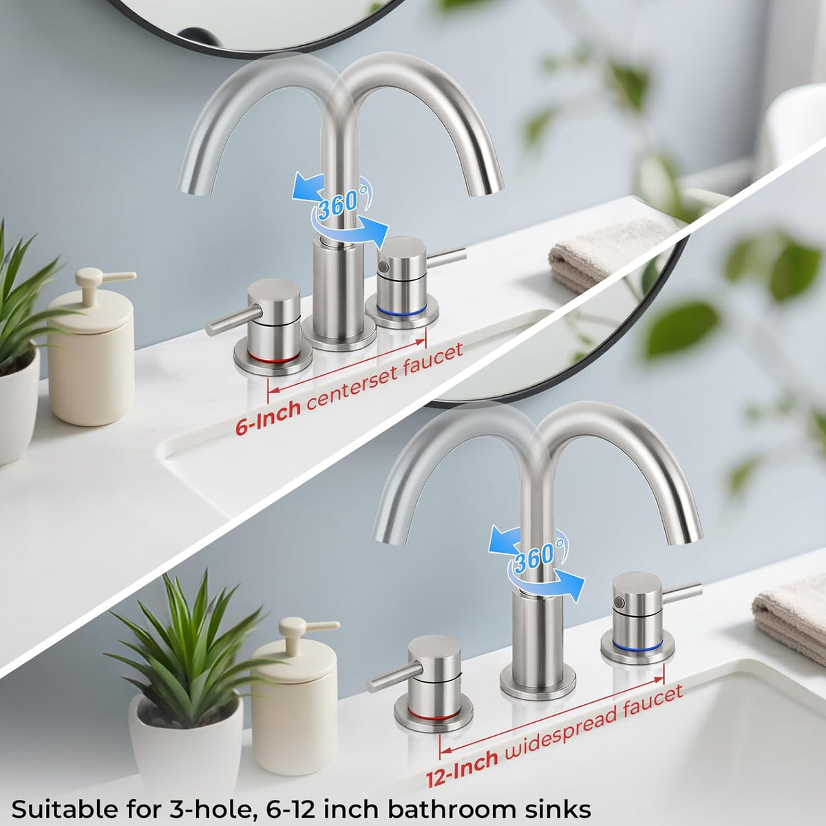 Bathroom Faucet 3 Hole Brushed Nickel, 2-Handle Widespread Faucet