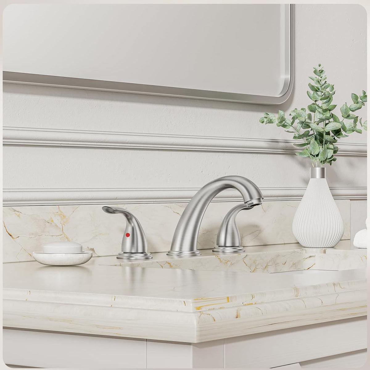 Phiestina 8 Inch 2 Handles 3 Holes Deck Mount Brushed Nickel Widespread Bathroom Faucet, with Stainless Steel Pop Up Drain, WF008-5-BN