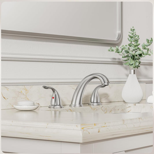 Phiestina 8 Inch 2 Handles 3 Holes Deck Mount Brushed Nickel Widespread Bathroom Faucet, with Stainless Steel Pop Up Drain, WF008-5-BN