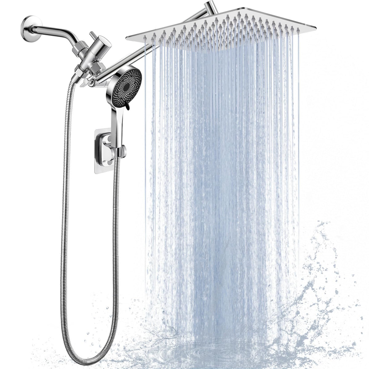 Shower Head, 8 inch Multifunction High Pressure Rain Shower Head with Handheld Spray Combo with 11'' Angle Adjustable Extension Arm/Flow Regulator/Shower System Matte Black