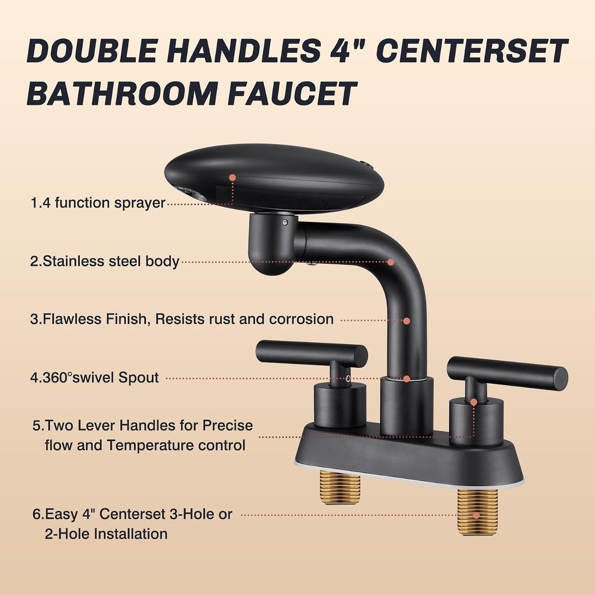 Matte Black Bathroom Sink Faucet, 4-Inch 3-Hole Centerset