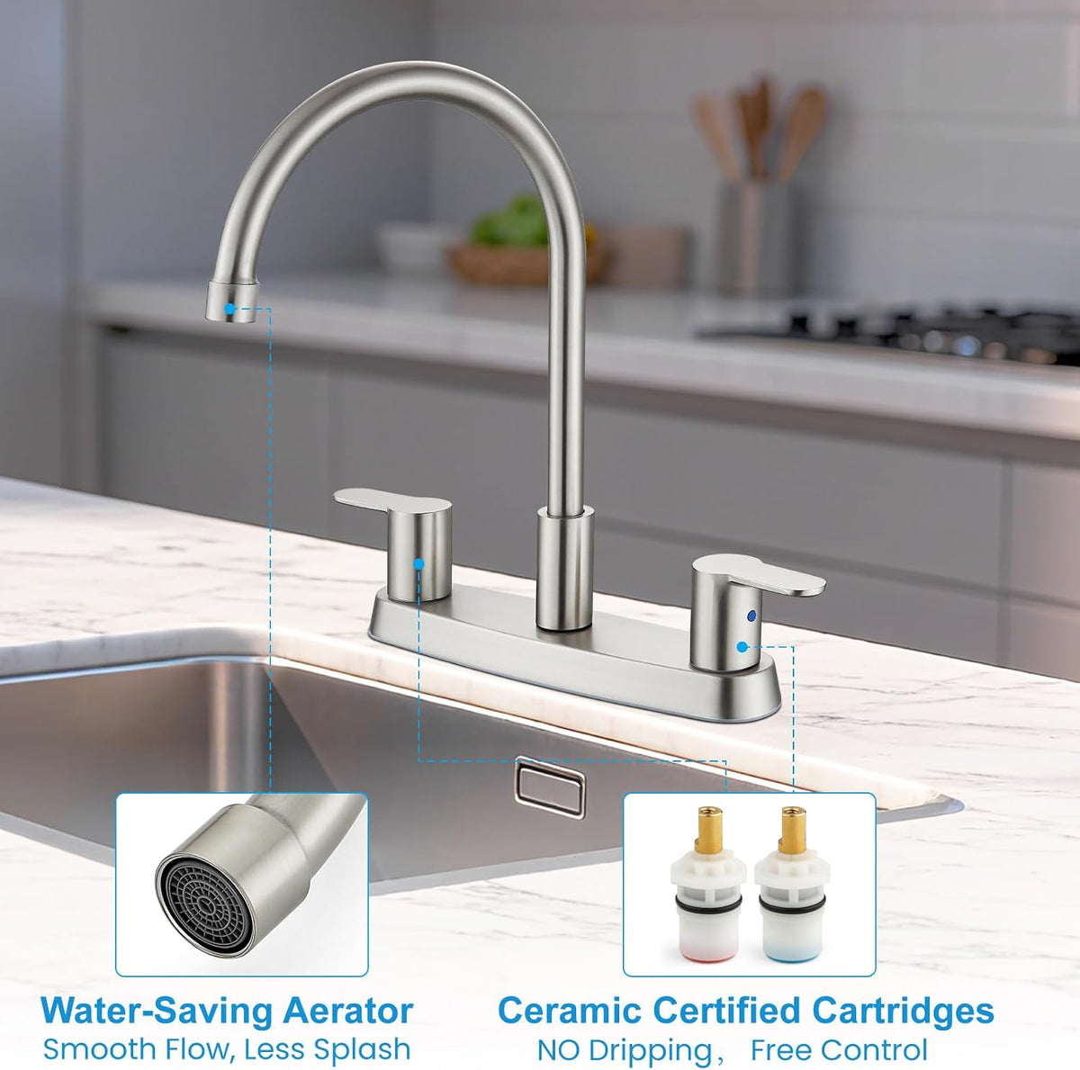 Kitchen Faucet 8 Inch Centerset Brushed Nickel 2-3 Hole Without Sprayer