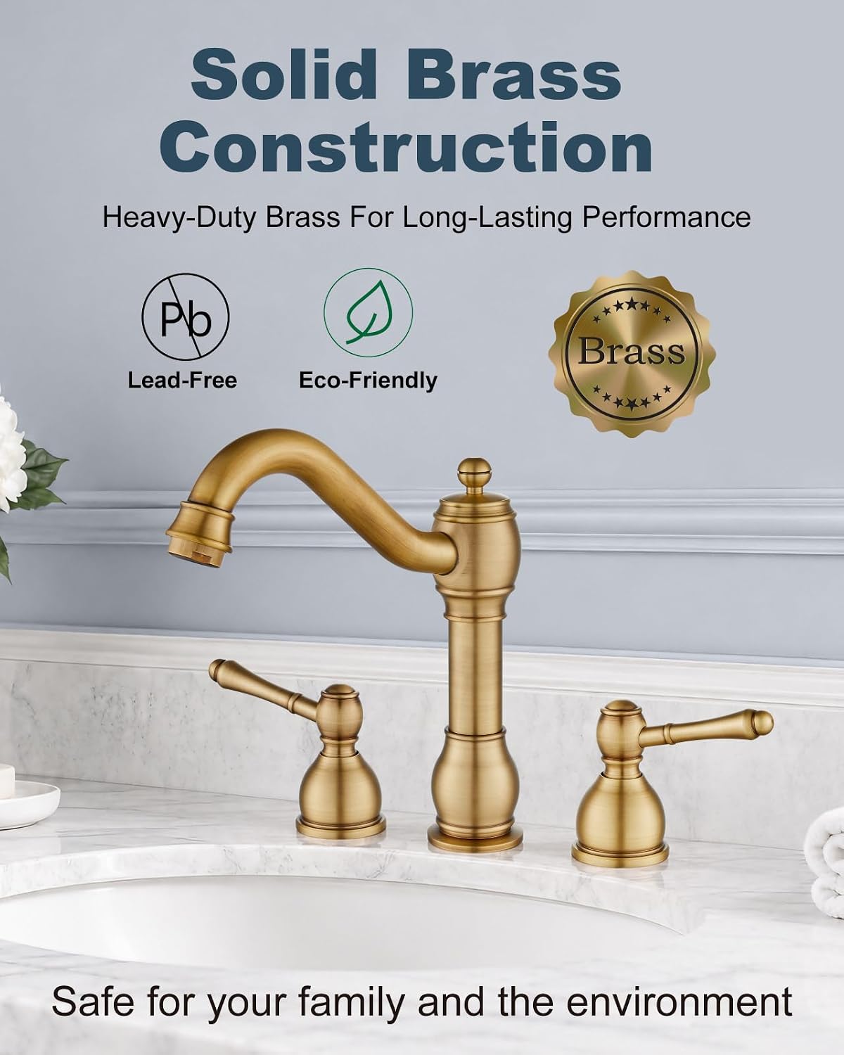 Aolemi Widespread Bathroom Sink Faucet 3 Hole Metal Lever Antique Brass
