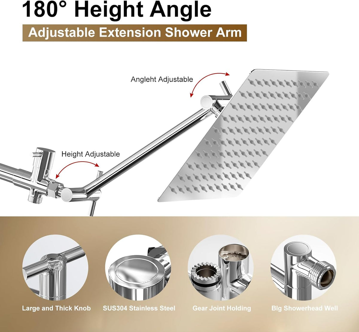 Shower Head with Handheld Spray, 8" High Pressure Rain Shower Head Combo with Adjustable Extension Arm, 5 Spray Modes Dual Showerhead Set, Detachable Handheld Shower, 304 Stainless Steel, Chrome