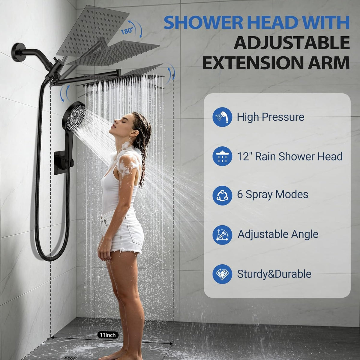 Shower Head, 8 inch Multifunction High Pressure Rain Shower Head with Handheld Spray Combo with 11'' Angle Adjustable Extension Arm/Flow Regulator/Shower System Matte Black