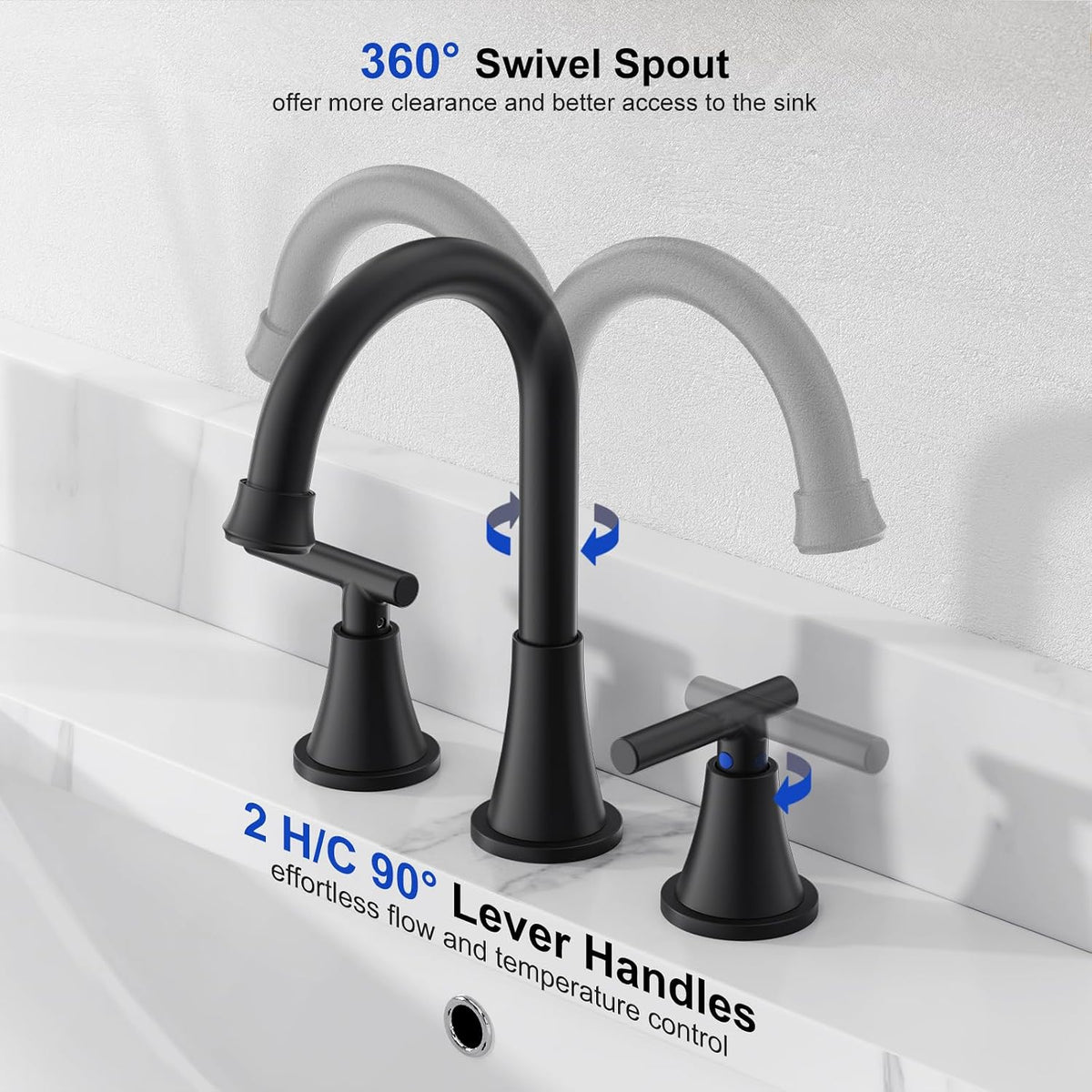 Bathroom Faucet 3 Hole, Matte Black Faucets with Drain and Supply Lines