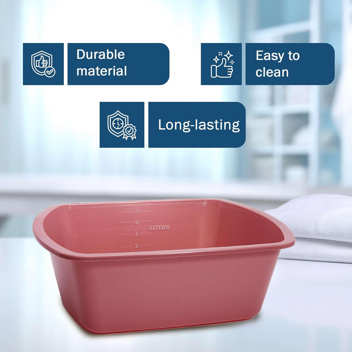 Plastic Wash Basin 5 Pack - 5 Liter Rectangle Plastic Tub with Rolled Rim - Good for Washing Limbs and Carrying Liquid - Good for Hospitals, Nursing Homes, and Medical Facilities