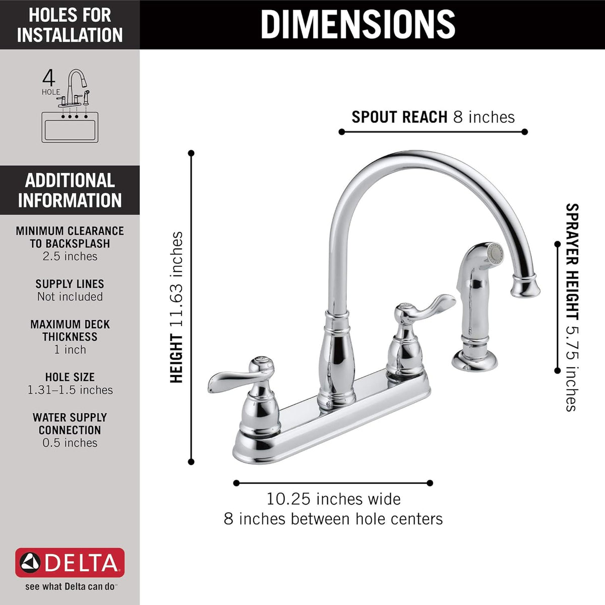 Delta Windemere Chrome Kitchen Faucet with Side Sprayer, Traditional 4 Hole Kitchen Sink Faucet, Two-Handle, Chrome 21996LF
