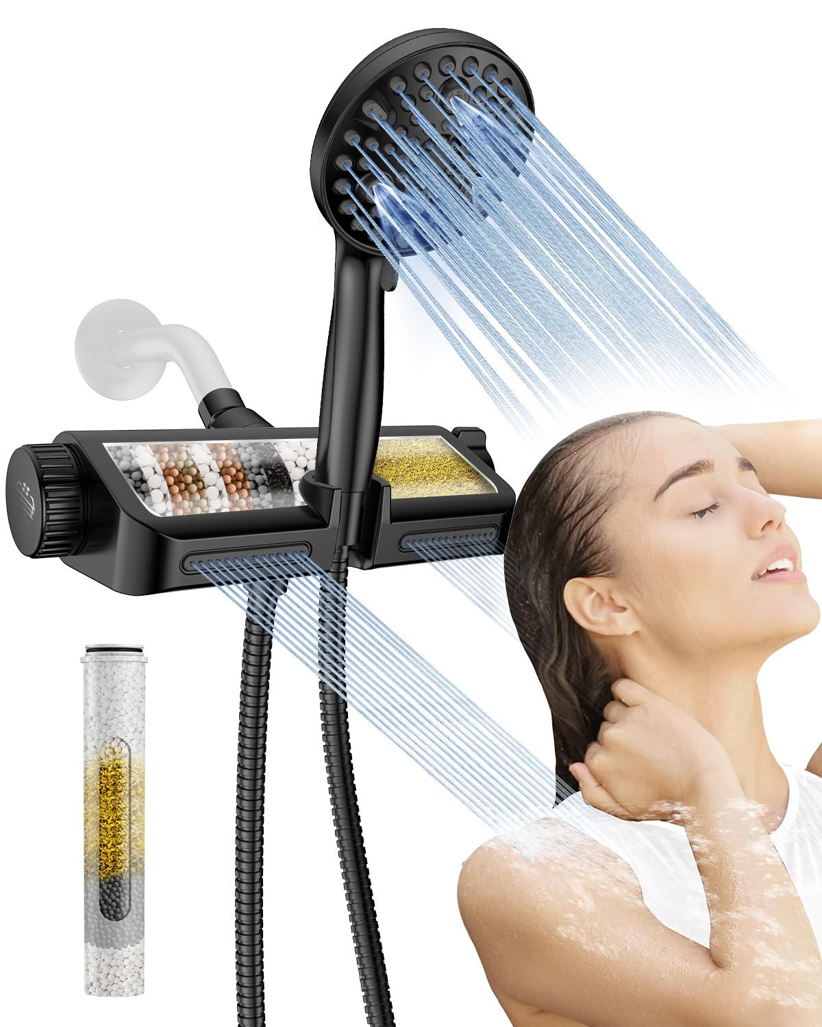 MakeFit Filtered Shower Head with Handheld Combo - Dual 2-in-1 Spa System with Massage Shower and 10 Modes Hand Held Shower High Pressure with Built in Power Wash Mode (Chrome)