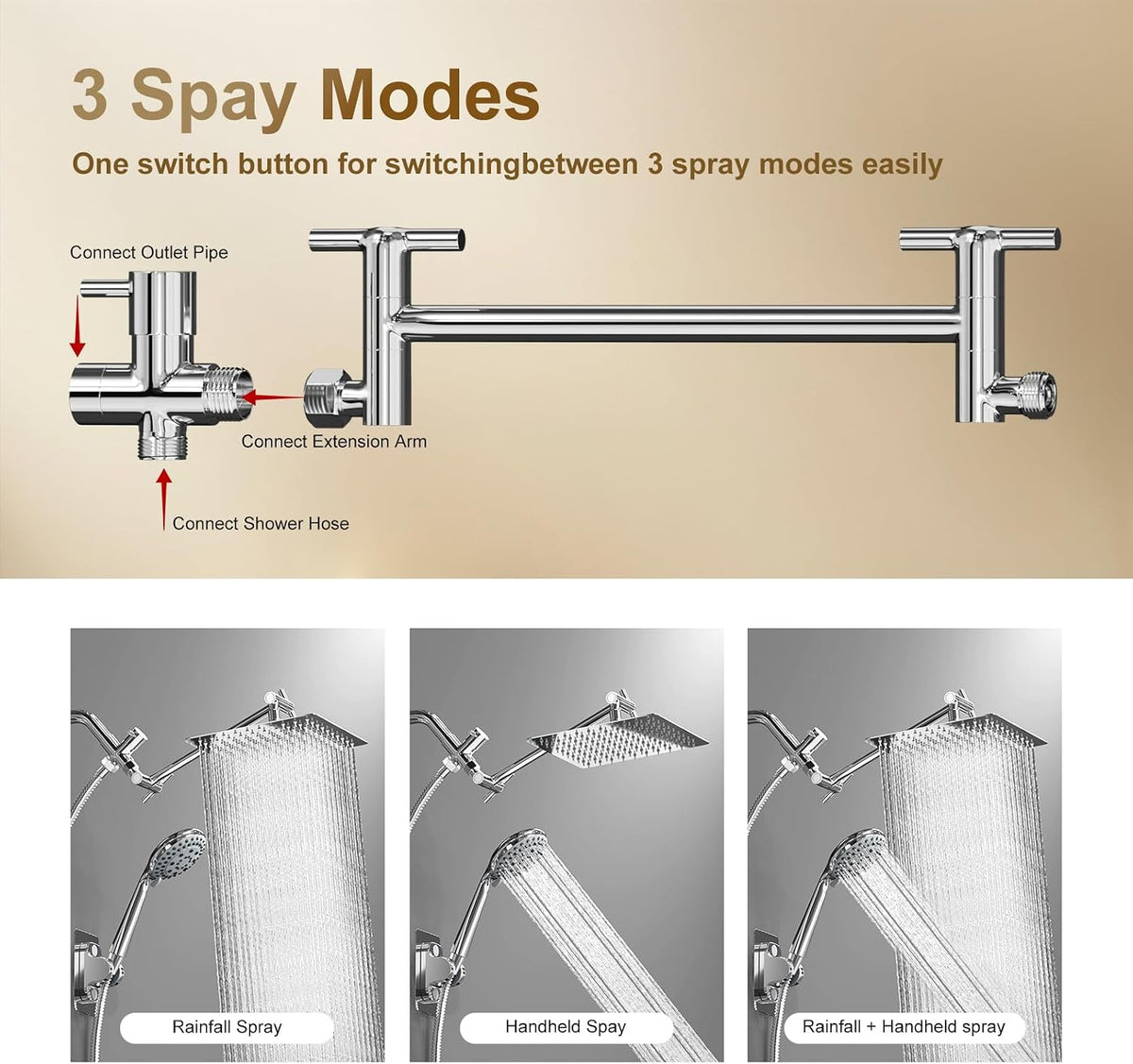 Shower Head with Handheld Spray, 8" High Pressure Rain Shower Head Combo with Adjustable Extension Arm, 5 Spray Modes Dual Showerhead Set, Detachable Handheld Shower, 304 Stainless Steel, Chrome