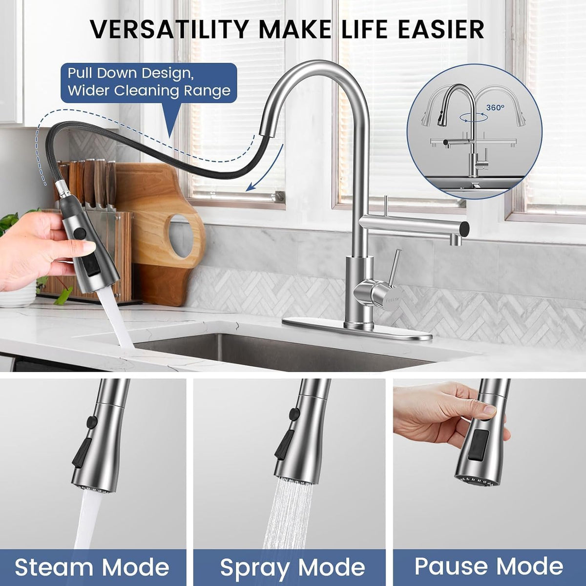 FEELSO Filter Water Kitchen Faucets, Pull Down Sprayer, Brushed Nickel