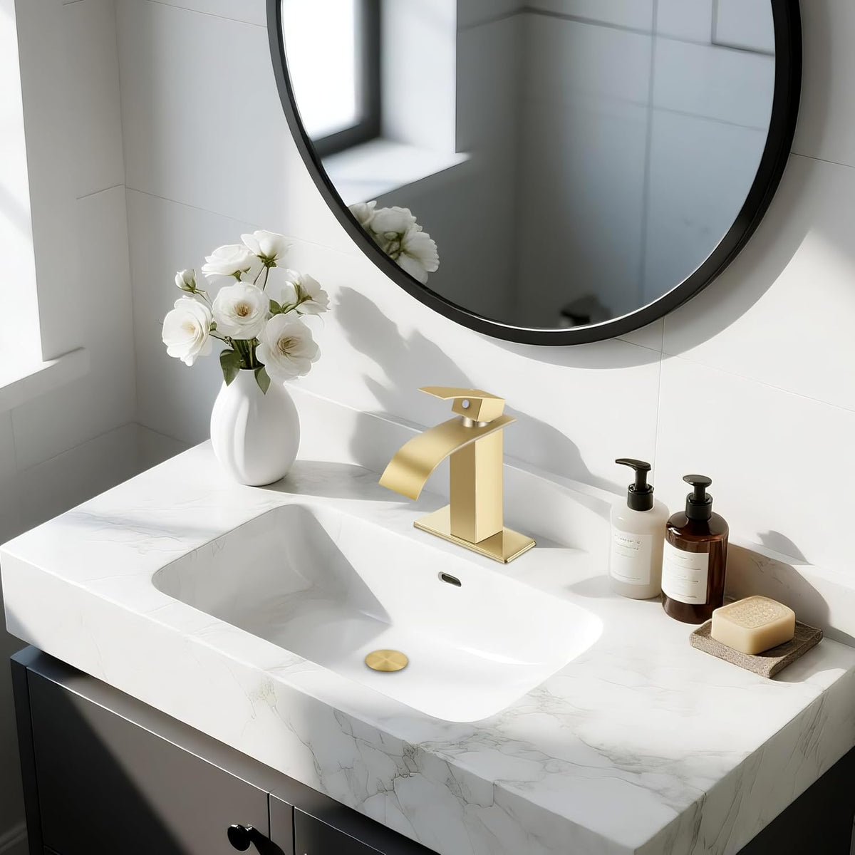 Brushed Gold Bathroom Faucets, Waterfall Bathroom Sink Faucet