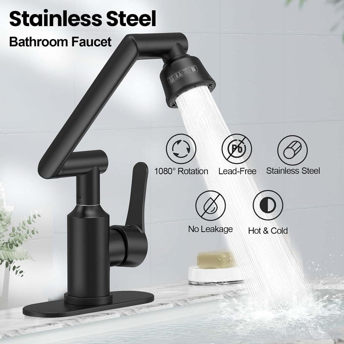 Matte Black 1080° Rotatable Bathroom Faucet, 4 Modes Stainless Steel 1 Hole