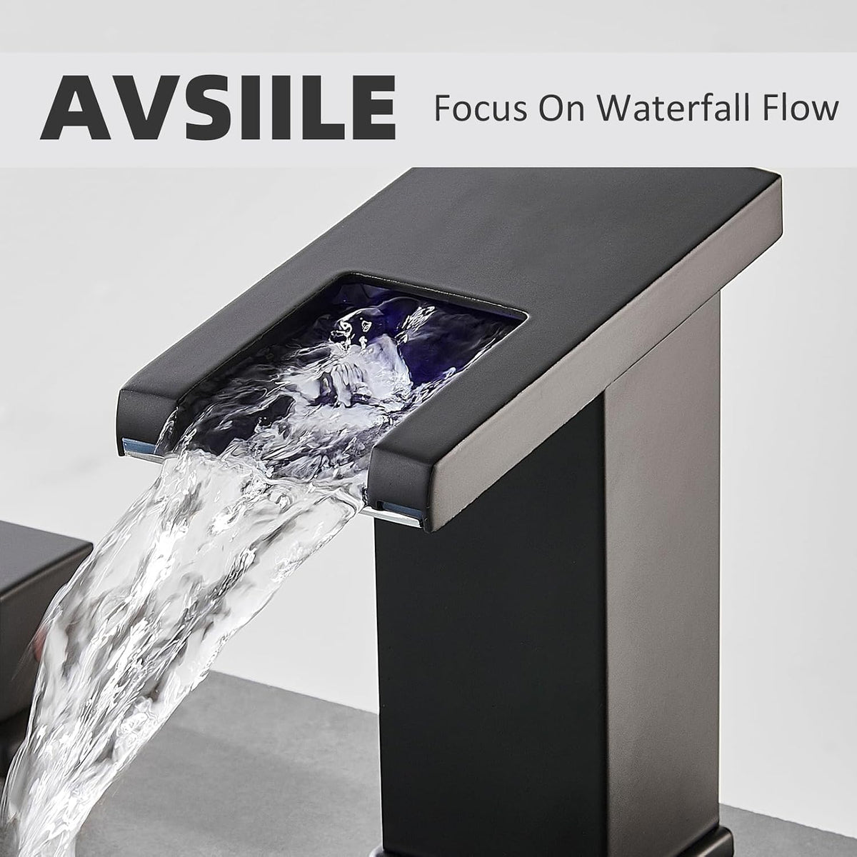 AVSIILE LED Bathroom Faucet 3 Hole, Matte Black Waterfall Bathroom Faucets