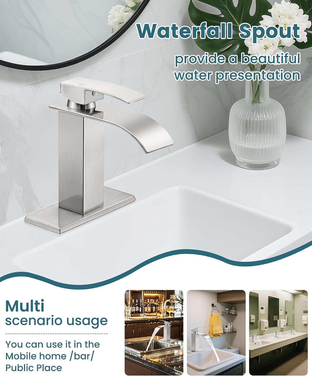Bathroom Faucet Brushed Nickel Waterfall Single Handle Vanity Faucet