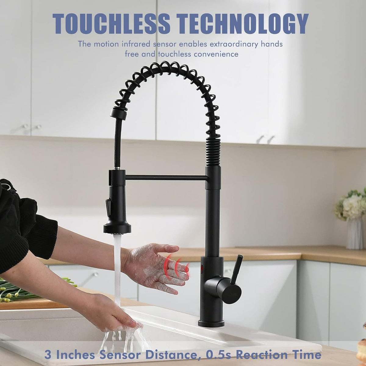 GIMILI Matte Black Touchless Kitchen Faucet with Spring Pull Down Sprayer