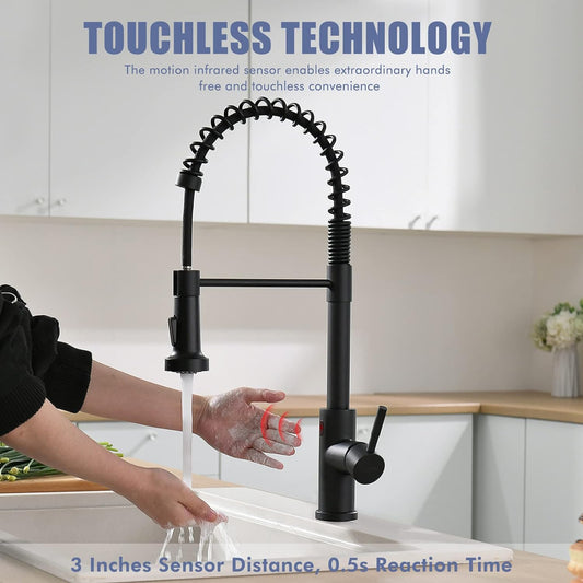 GIMILI Matte Black Touchless Kitchen Faucet with Spring Pull Down Sprayer