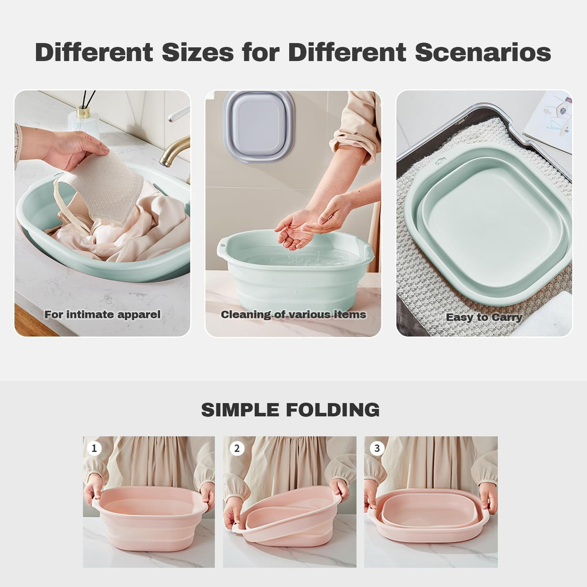 Collapsible Wash Basin Set of 3, Foldable Large Medium Small Wash Basins, Portable Plastic Basins for Laundry, Bottles, Travel, Camping (Green)