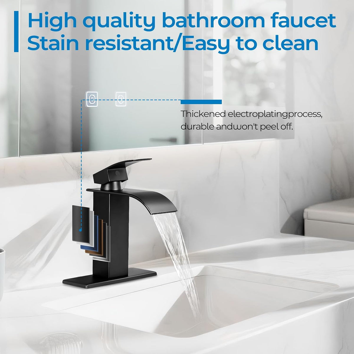 Matte Black Bathroom Faucet with Waterfall Spout and Pop-up Drain
