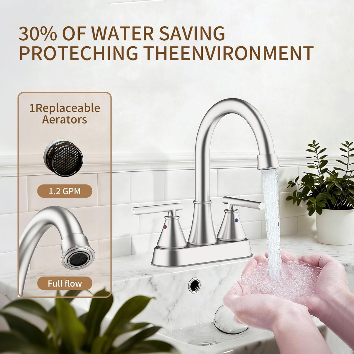 Bathroom Sink Faucet 4 Inch 2 Handle Centerset Brushed Gold Lead-Free Modern Bathroom Faucet Vanity Faucet with Pop-up Drain Stopper and Supply Hoses