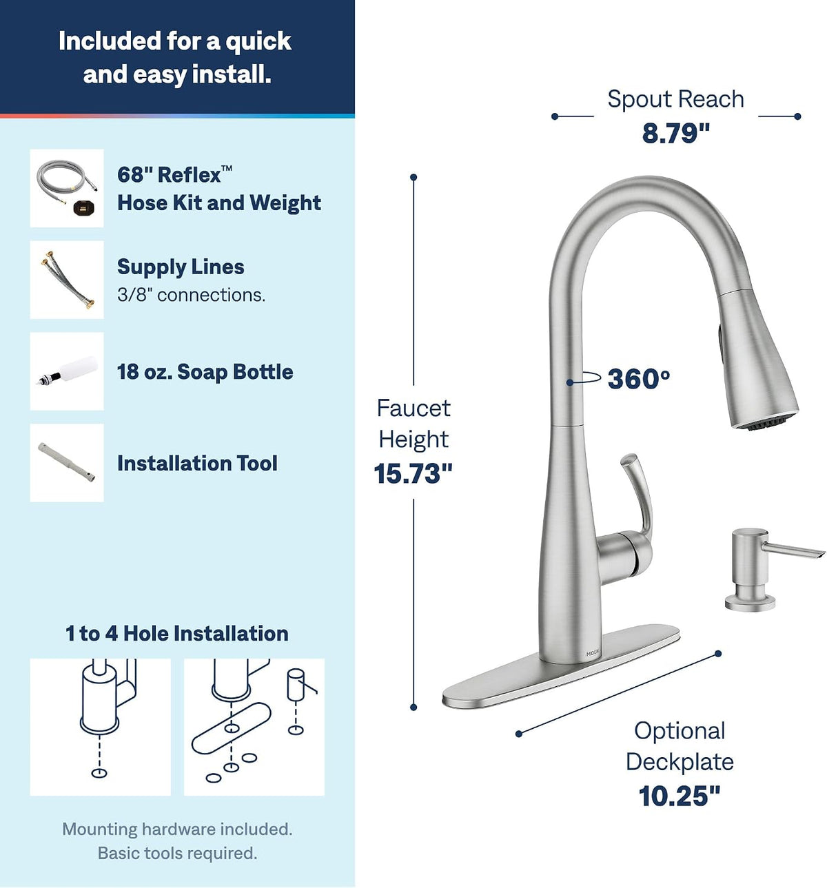 Moen Essie Spot Resist Stainless Pulldown Sprayer Kitchen Sink Faucet Set with Modern Pump Soap Dispenser, 87014SRS