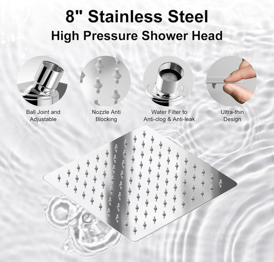 Shower Head with Handheld Spray, 8" High Pressure Rain Shower Head Combo with Adjustable Extension Arm, 5 Spray Modes Dual Showerhead Set, Detachable Handheld Shower, 304 Stainless Steel, Chrome