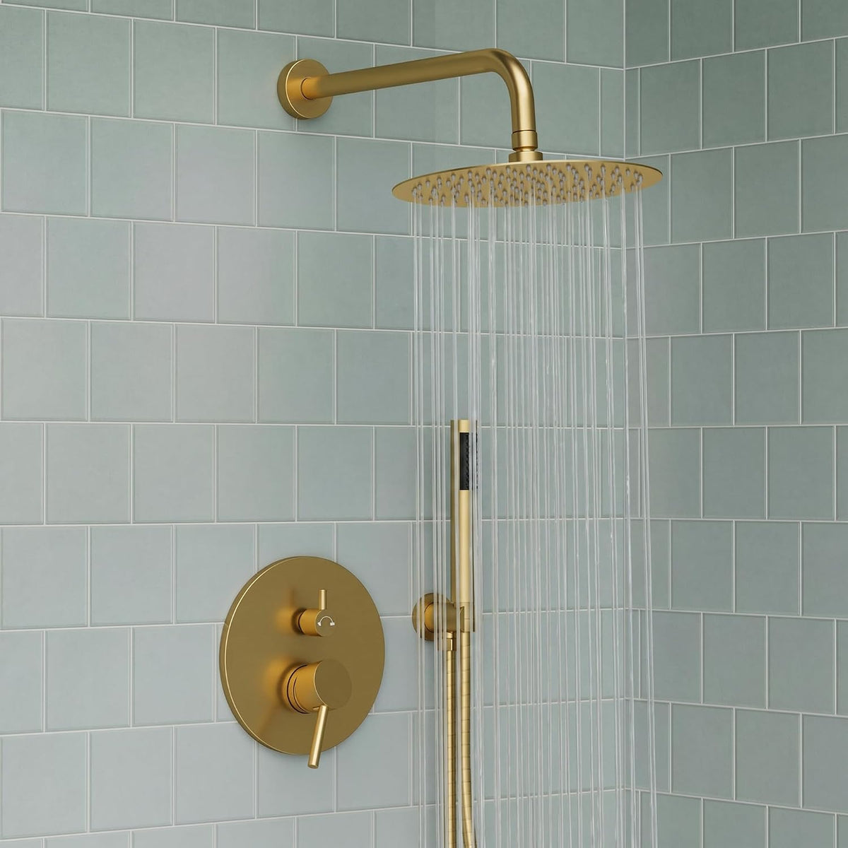 Shower Faucet Set with 10'' Rainfall Head, Handheld and Valve, Brushed Gold