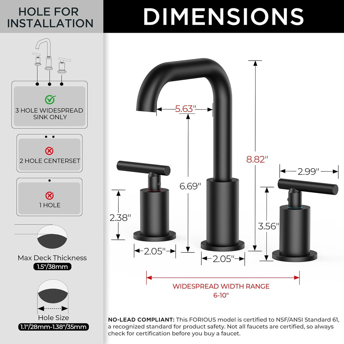FORIOUS Bathroom Sink Faucet 3 Hole Widespread 8 Inch 2 Handle Matte Black