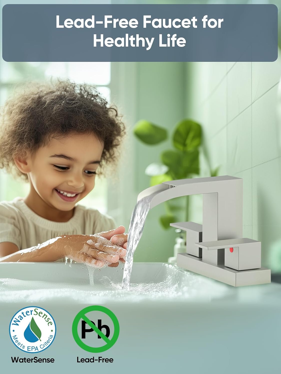 Cobbe Waterfall Bathroom Faucet, Brushed Nickel 4 Inch Centerset 3 Hole