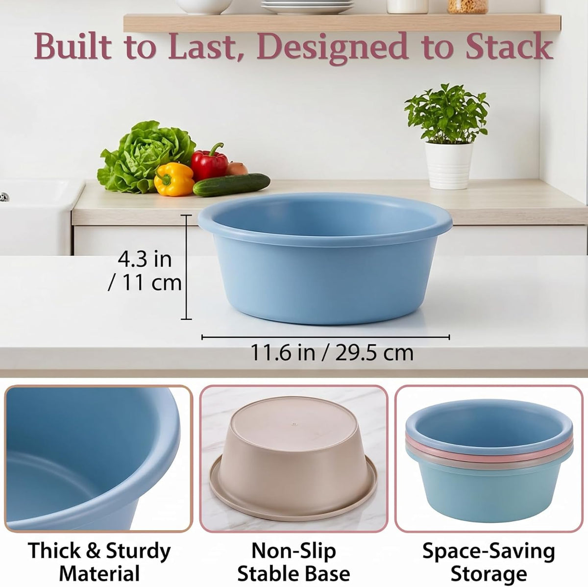 AVLA 4 Pack Round Plastic Wash Basin, 5 Quart Stackable Camping Dishpan, Portable Vegetable Fruit Dish Tub, PP Small Multipurpose Washtub for Face Cleansing, Home Kitchen Sink Outdoor Indoor