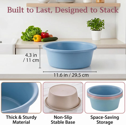 AVLA 4 Pack Round Plastic Wash Basin, 5 Quart Stackable Camping Dishpan, Portable Vegetable Fruit Dish Tub, PP Small Multipurpose Washtub for Face Cleansing, Home Kitchen Sink Outdoor Indoor