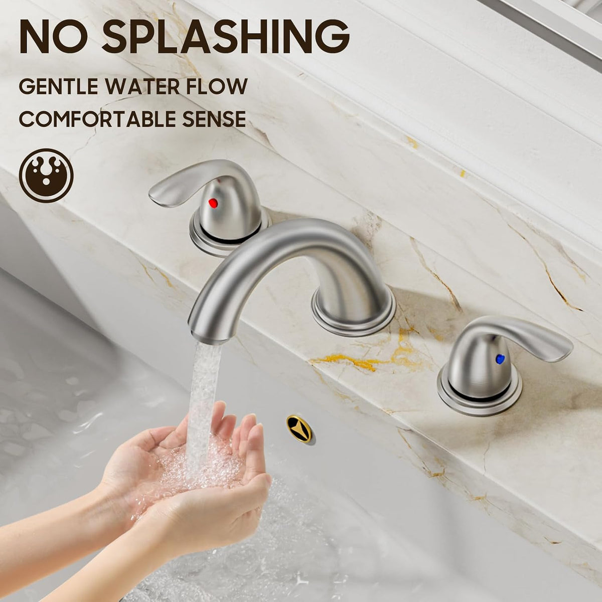 Phiestina 8 Inch 2 Handles 3 Holes Deck Mount Brushed Nickel Widespread Bathroom Faucet, with Stainless Steel Pop Up Drain, WF008-5-BN